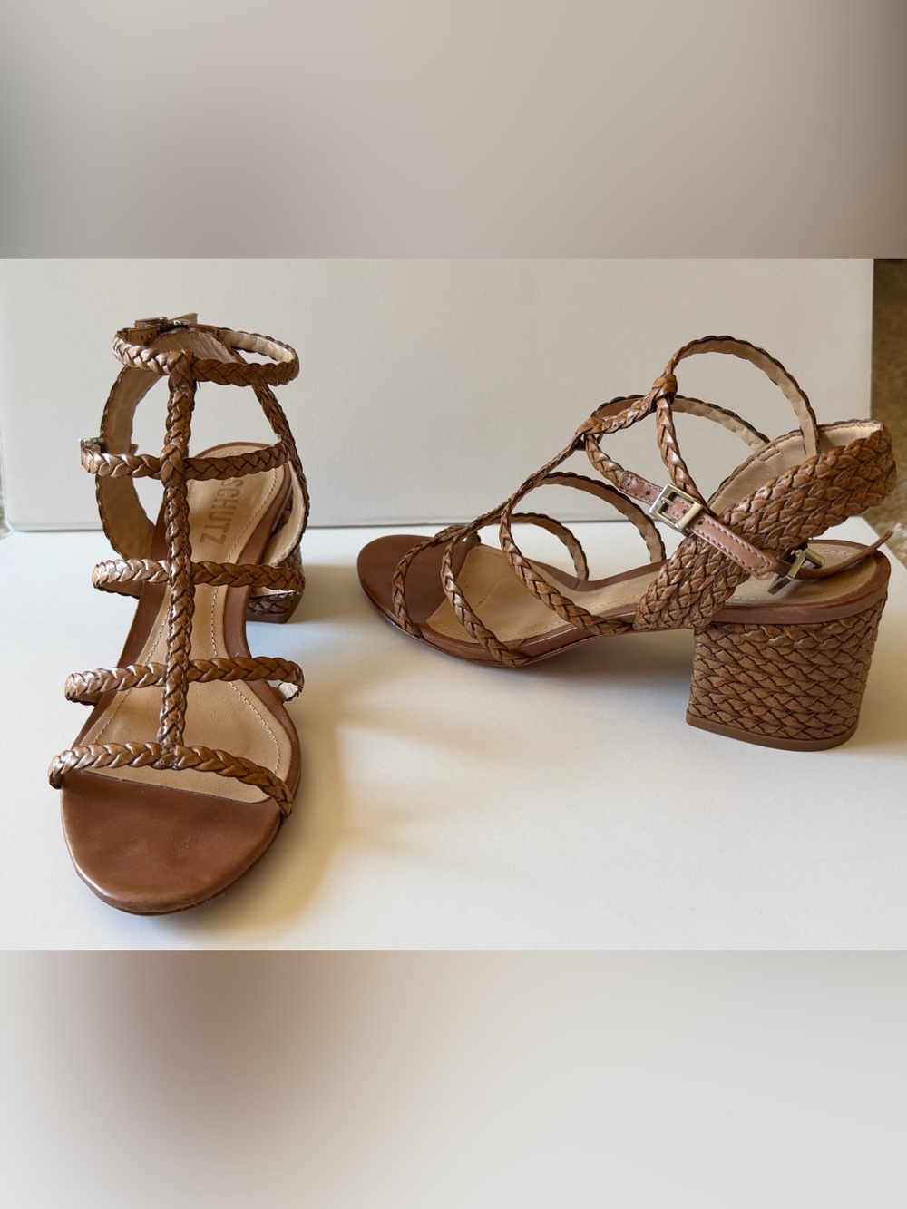SCHUTZ Braided Strappy Block Heel Sandals in Brown